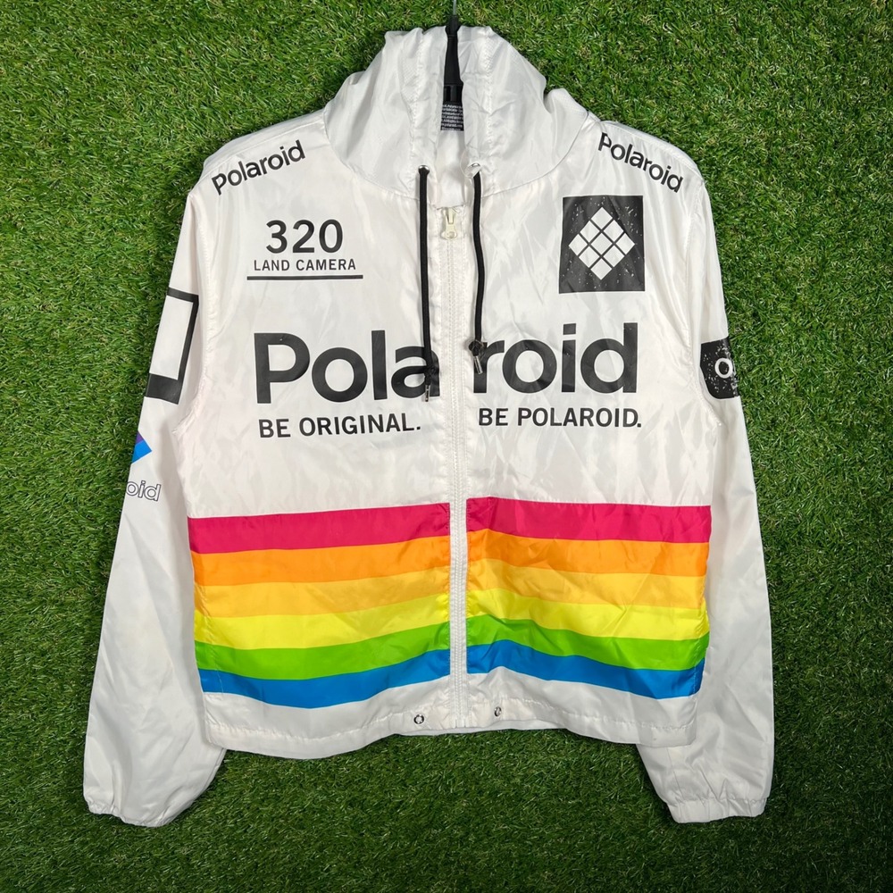 Polaroid 320 Land Camera Rainbow Windbreaker Jacket White Mens Small Hooded Zip